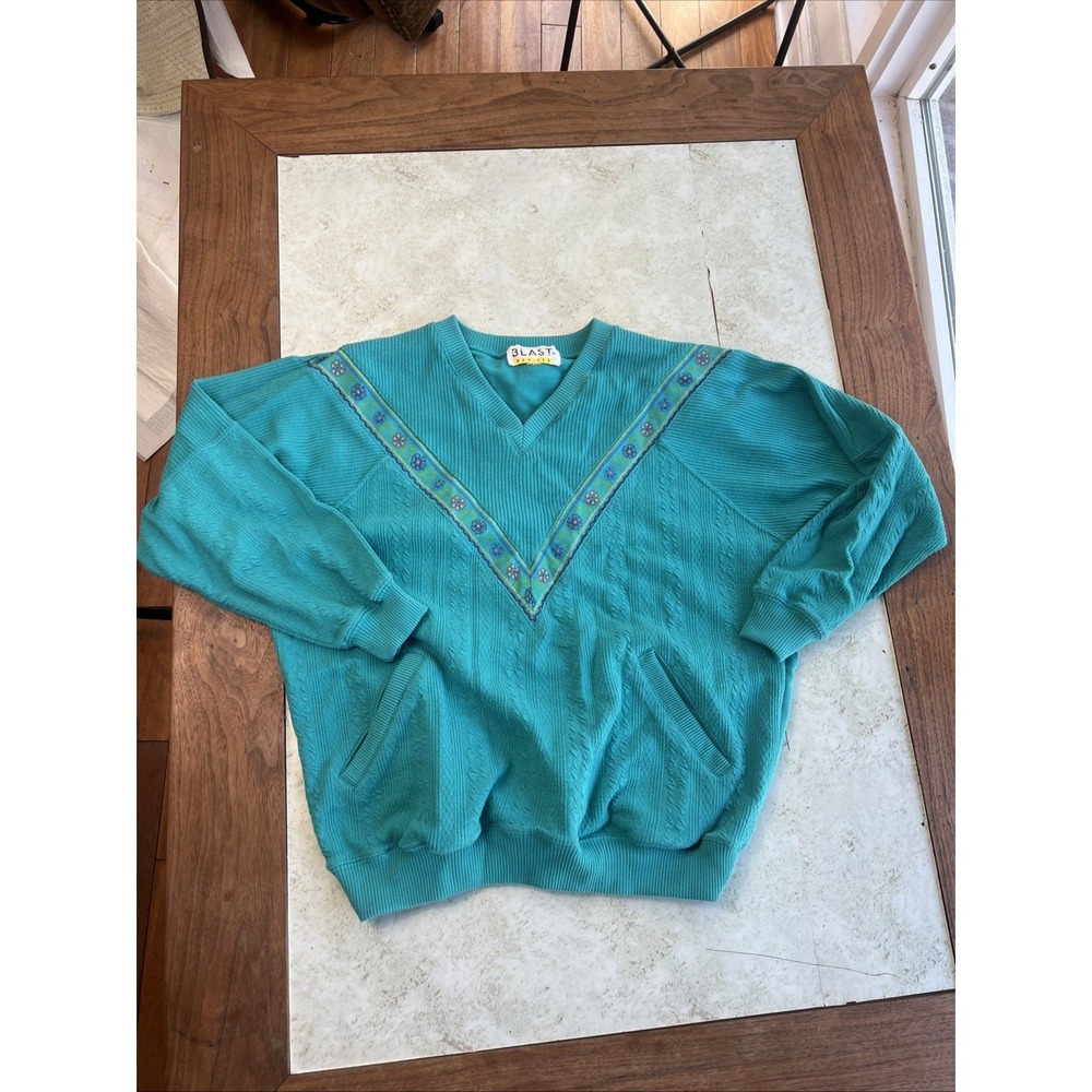 Vintage Blast‎ Petites Teal Floral Sweater V Neck